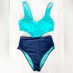 Aerie Cutout One Piece Swimsuit Two Tone Colorblock Navy Blue High Rise Size L
